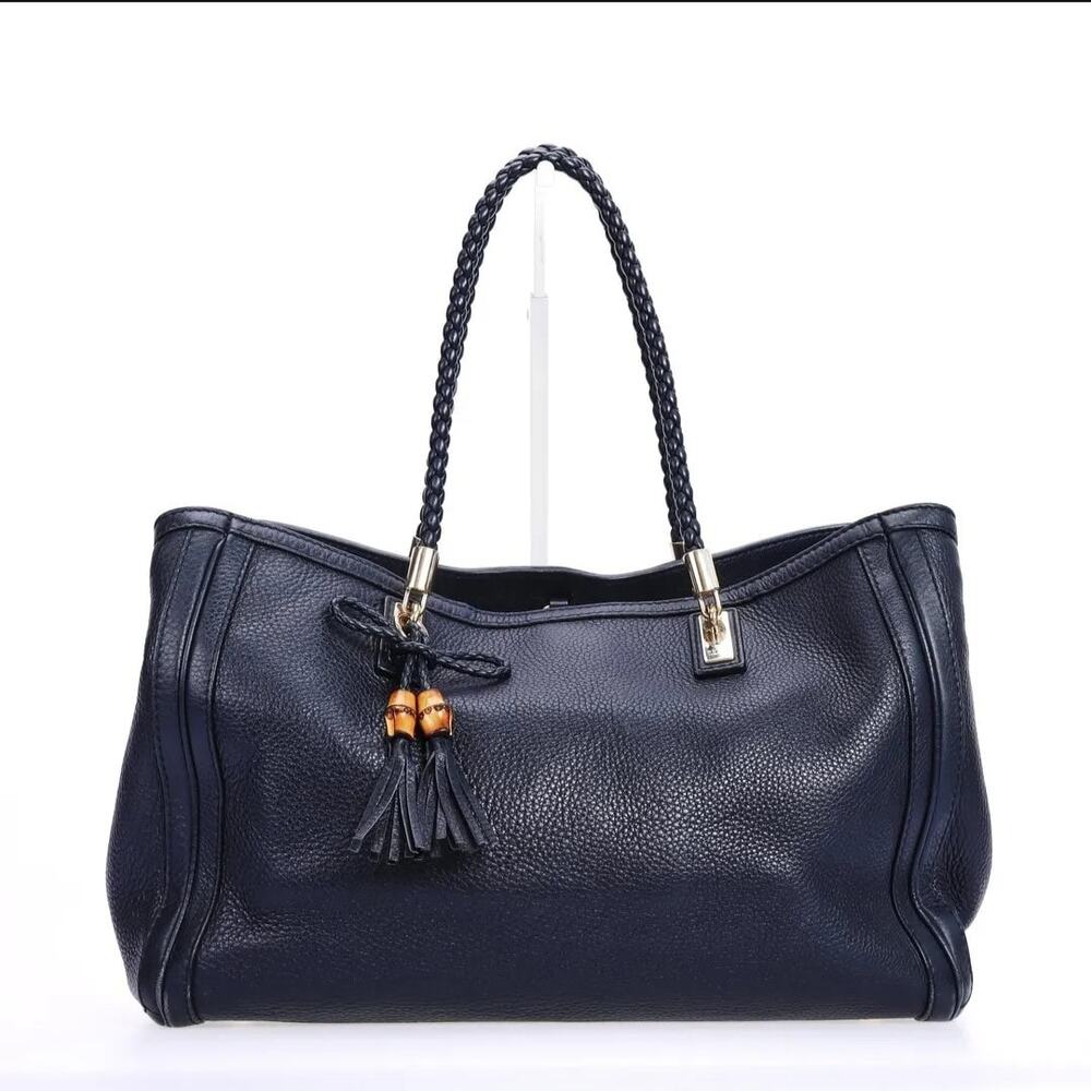 Gucci Bella Bamboo Tassel Leather Tote Bag, Navy Blue